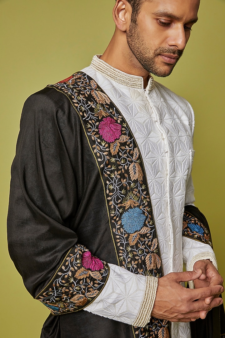 Black Chanderi Embroidered Stole by Krishna Mehta Men at Pernia's Pop Up Shop