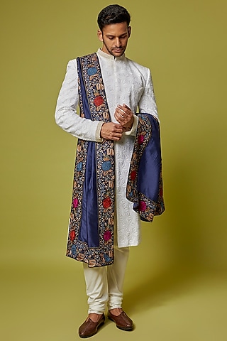 Navy Chanderi Embroidered Stole by Krishna Mehta Men