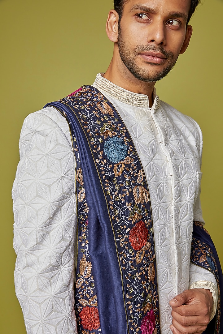Navy Chanderi Embroidered Stole by Krishna Mehta Men at Pernia's Pop Up Shop