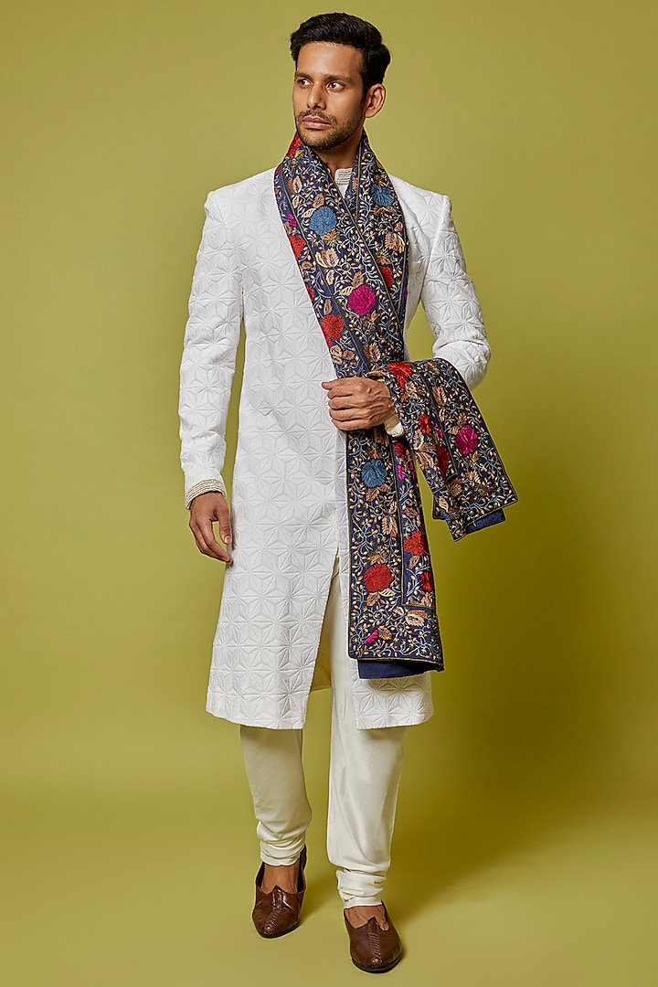 Navy Chanderi Embroidered Stole by Krishna Mehta Men