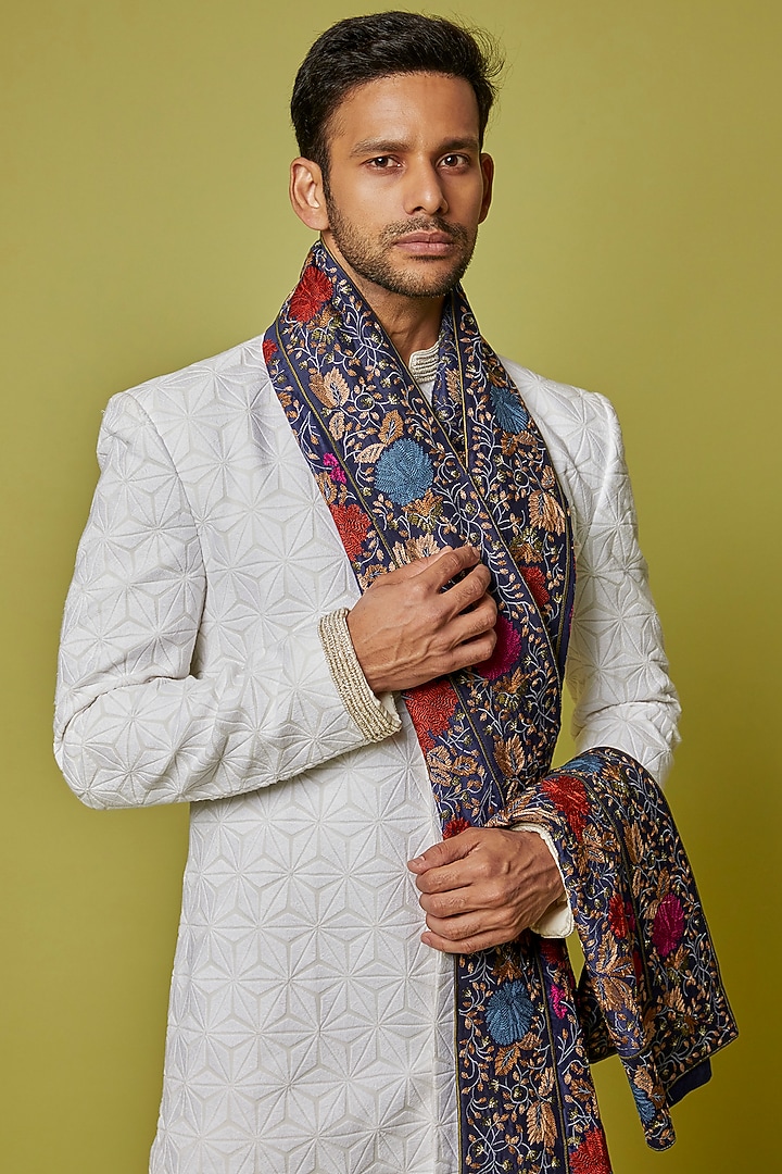 Navy Chanderi Embroidered Stole by Krishna Mehta Men at Pernia's Pop Up Shop