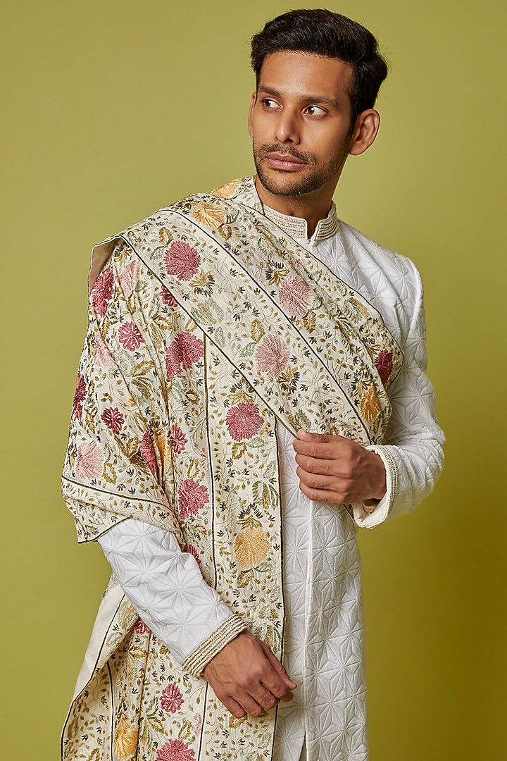 Ecru Chanderi Embroidered Stole by Krishna Mehta Men at Pernia's Pop Up Shop