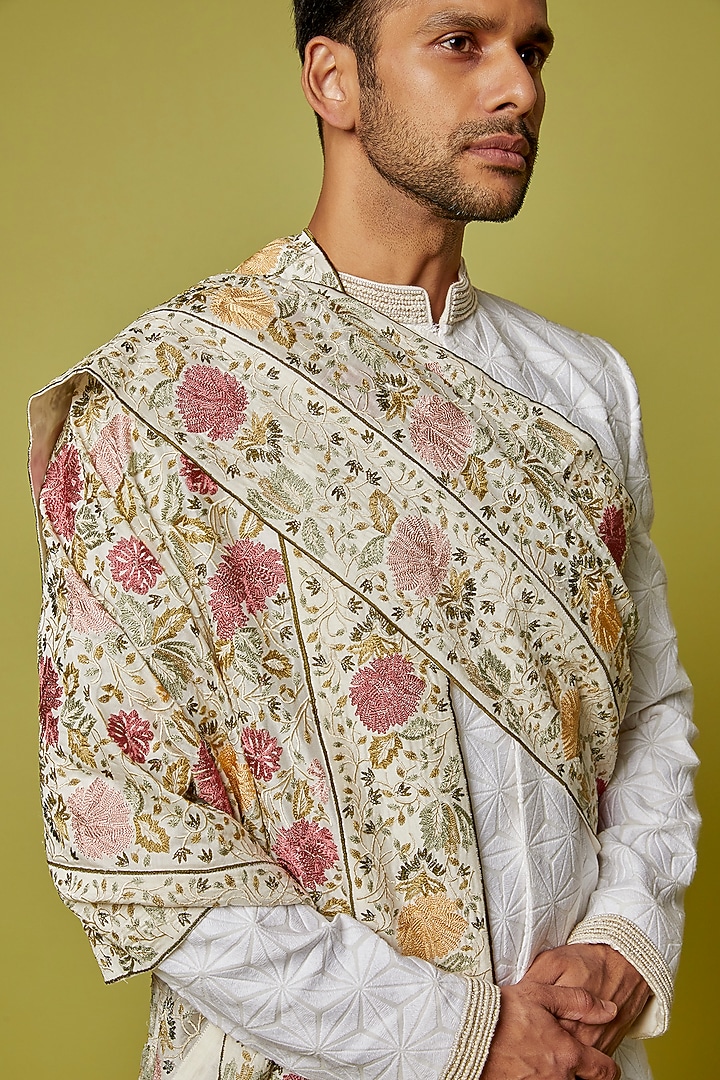 Ecru Chanderi Embroidered Stole by Krishna Mehta Men at Pernia's Pop Up Shop