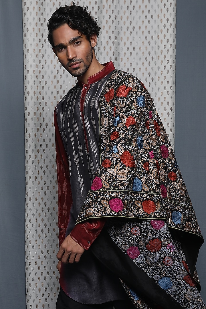 Black Chanderi Embroidered Stole by Krishna Mehta Men at Pernia's Pop Up Shop