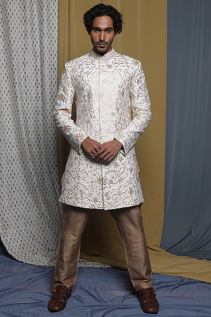 Off-White Viscose Embroidered Sherwani Set by Krishna Mehta Men