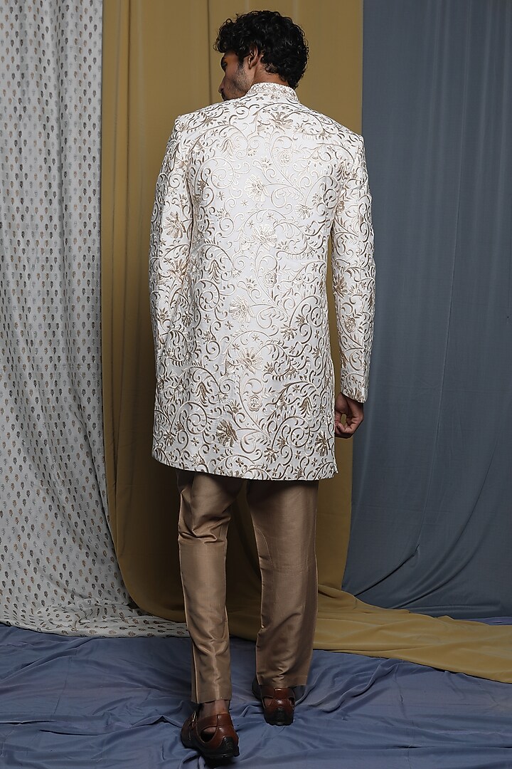 Off-White Viscose Embroidered Wedding Sherwani Set by Krishna Mehta Men at Pernia's Pop Up Shop