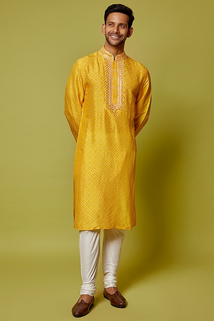 Yellow Tussar Printed & Embroidered Kurta Set by Krishna Mehta Men
