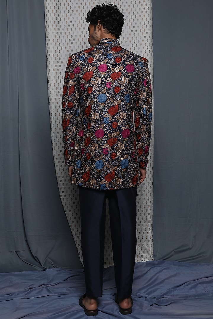 Navy Blue Viscose Embroidered Wedding Indowestern Set by Krishna Mehta Men at Pernia's Pop Up Shop