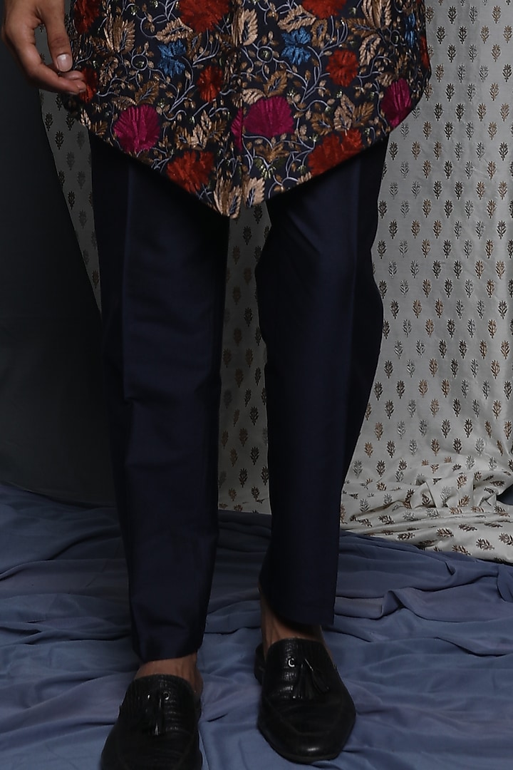 Navy Blue Viscose Embroidered Wedding Indowestern Set by Krishna Mehta Men at Pernia's Pop Up Shop