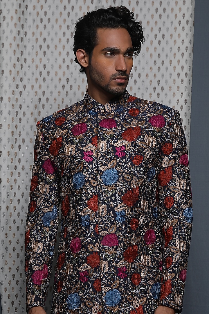 Navy Blue Viscose Embroidered Wedding Indowestern Set by Krishna Mehta Men at Pernia's Pop Up Shop