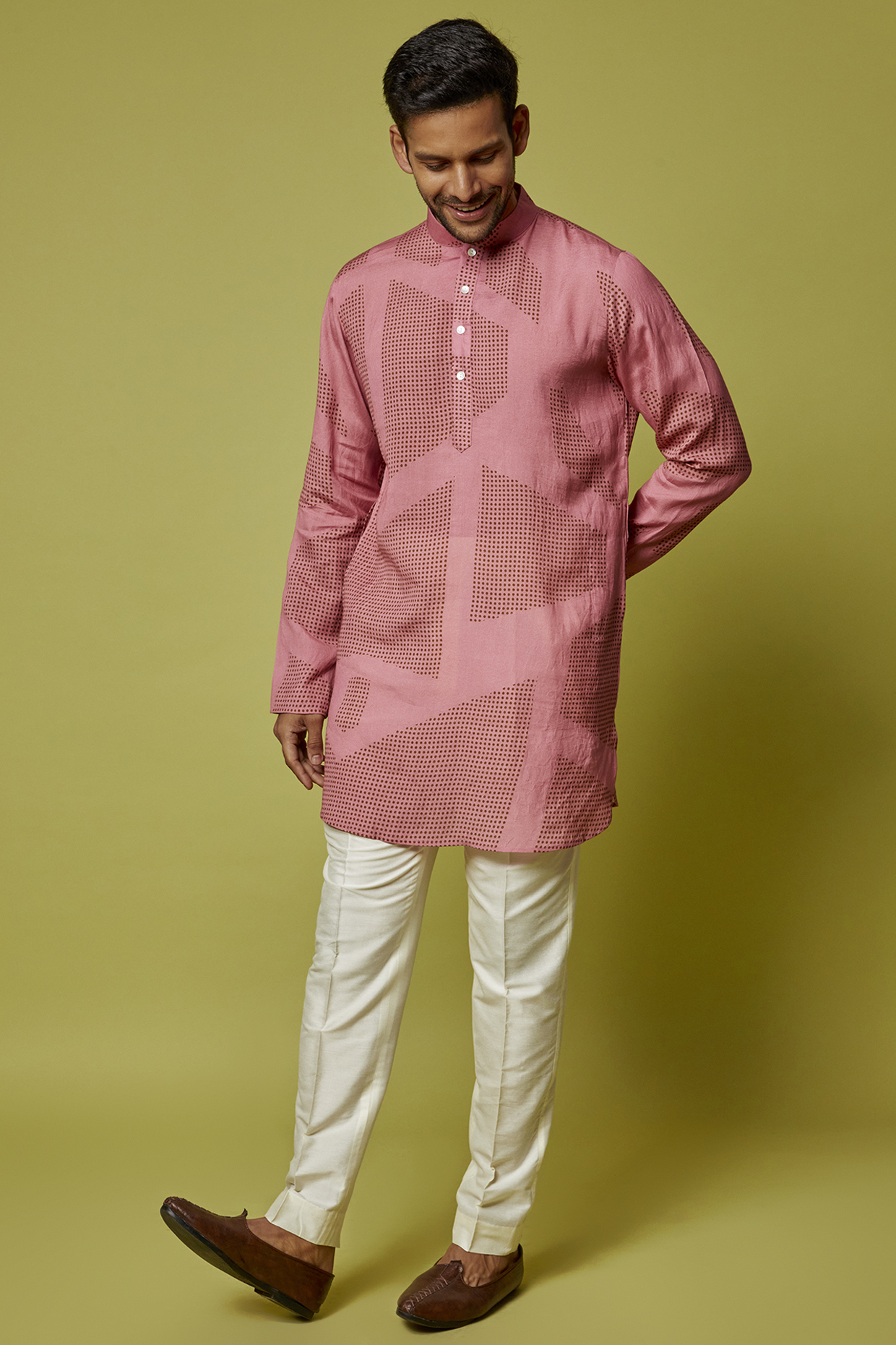 Pink Viscose Cotton Printed Kurta by Krishna Mehta Men