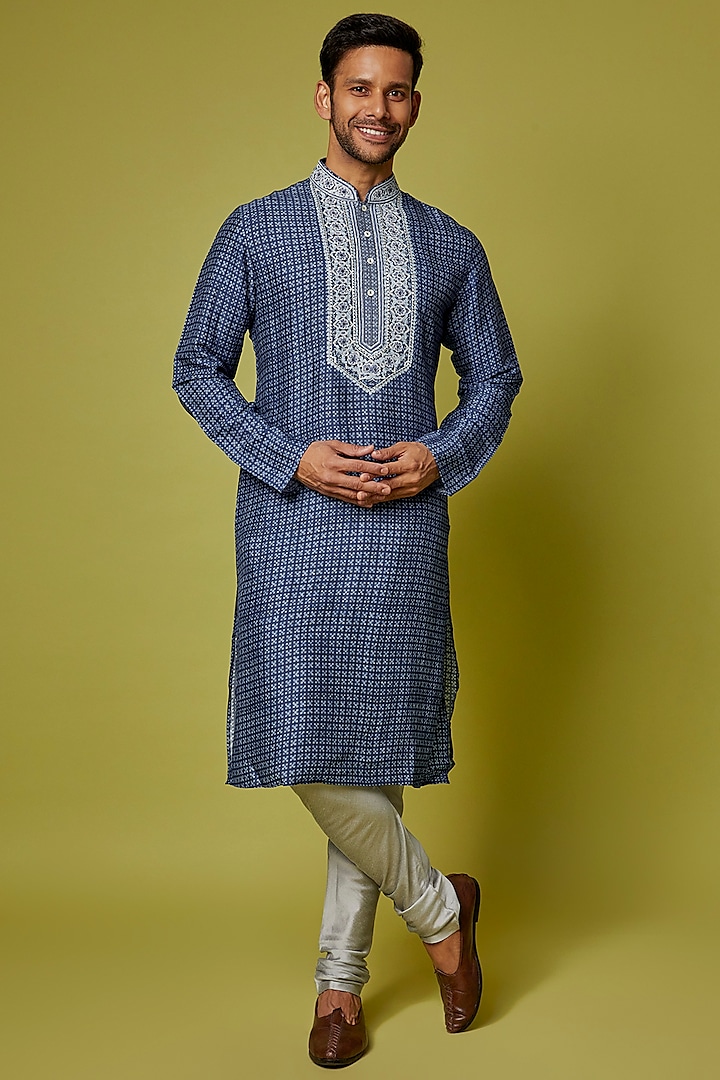 Indigo Tussar Printed & Embroidered Kurta Set by Krishna Mehta Men