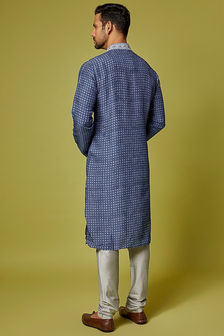 Indigo Tussar Printed & Embroidered Kurta Set by Krishna Mehta Men at Pernia's Pop Up Shop