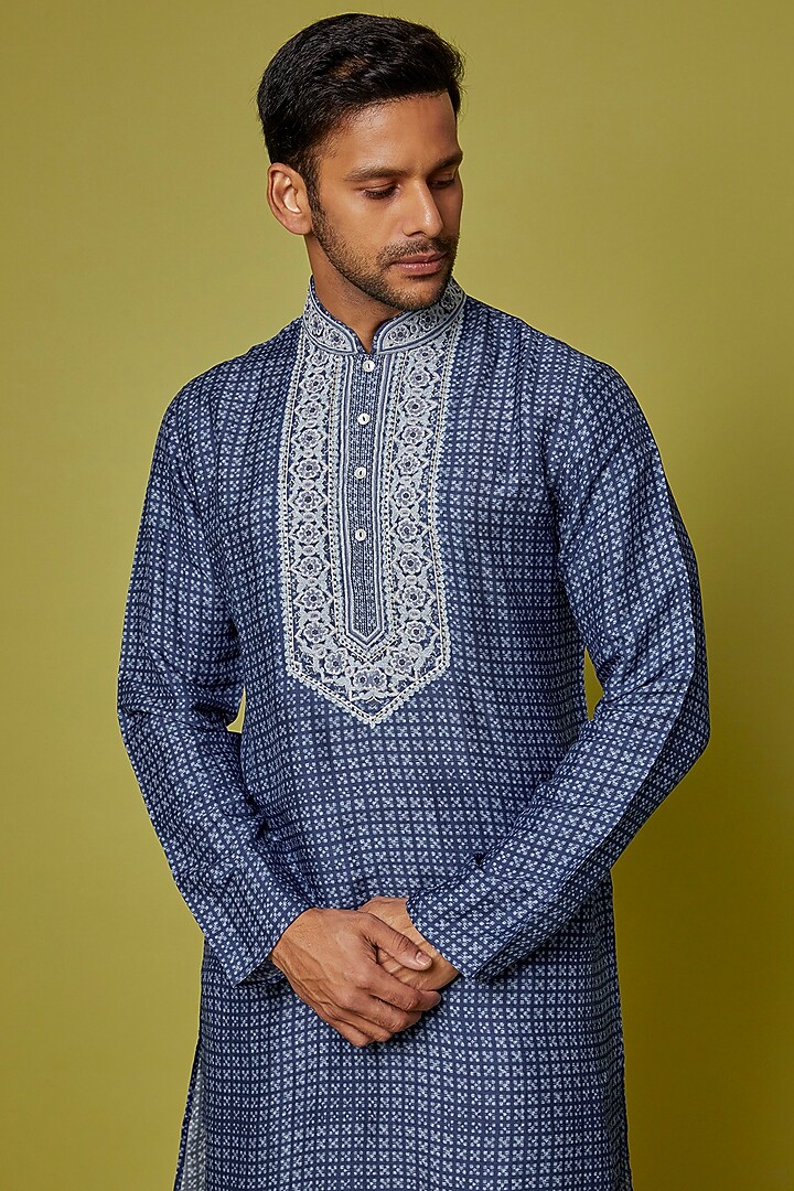 Indigo Tussar Printed & Embroidered Kurta Set by Krishna Mehta Men at Pernia's Pop Up Shop