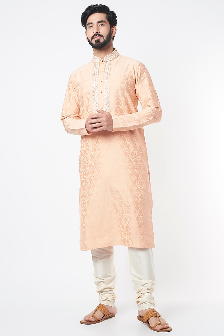 Peach Printed Kurta Set by Krishna Mehta Men