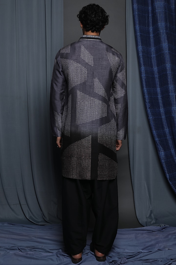 Black & Grey Tussar Printed & Embroidered Kurta by Krishna Mehta Men at Pernia's Pop Up Shop