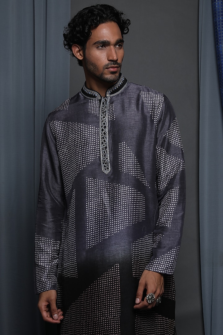 Black & Grey Tussar Printed & Embroidered Kurta by Krishna Mehta Men at Pernia's Pop Up Shop