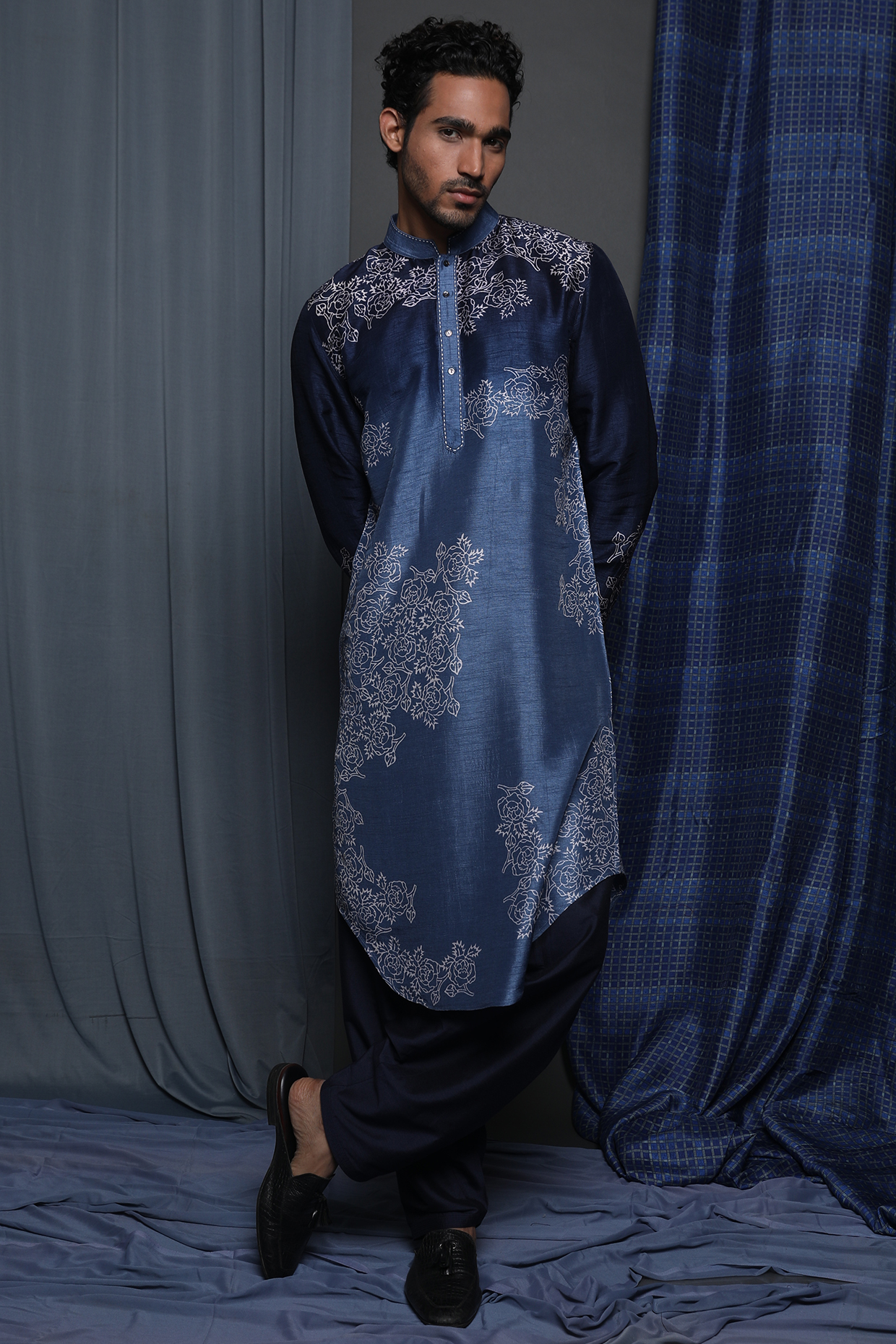 Blue Tussar Printed Kurta by Krishna Mehta Men