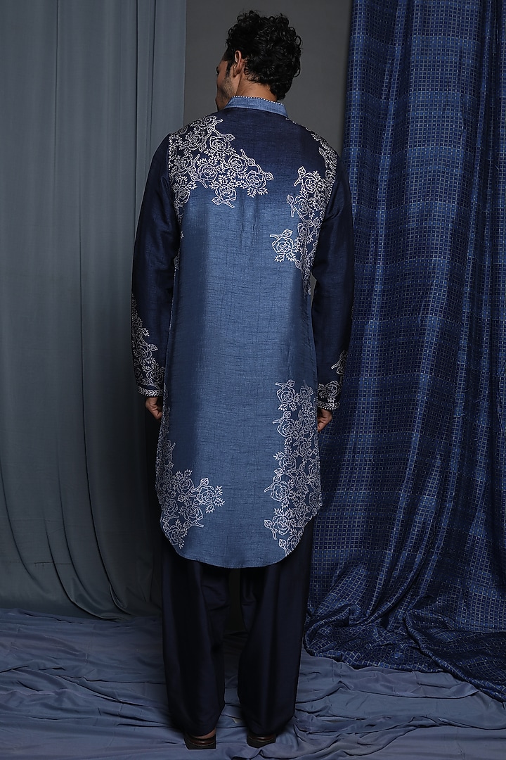 Blue Tussar Printed Kurta by Krishna Mehta Men at Pernia's Pop Up Shop