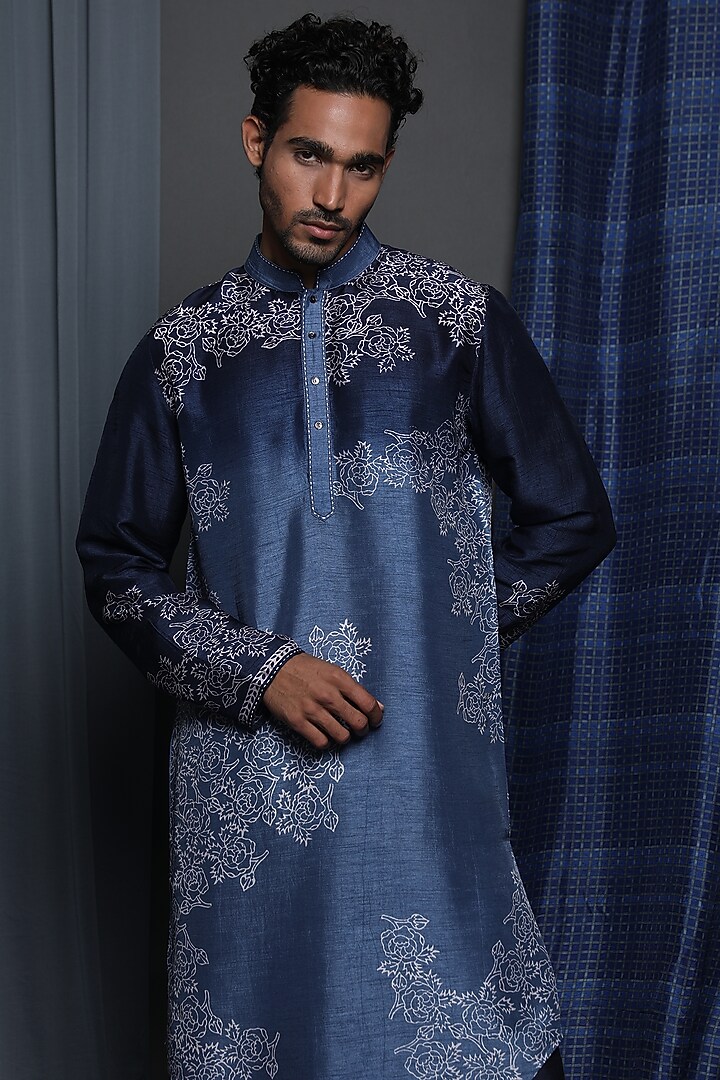 Blue Tussar Printed Kurta by Krishna Mehta Men at Pernia's Pop Up Shop