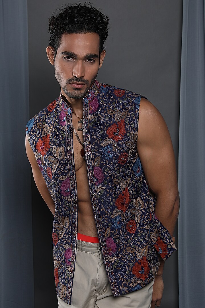 Navy Blue Cotton Viscose Embroidered Indo-Western Jacket by Krishna Mehta Men at Pernia's Pop Up Shop