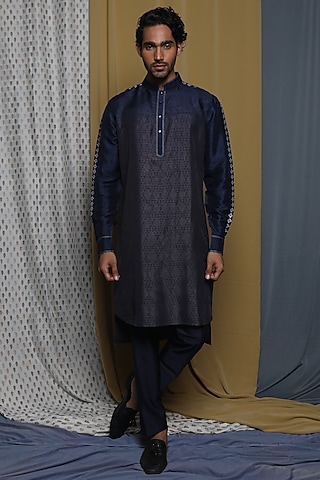 Grey Tussar Printed & Embroidered Kurta by Krishna Mehta Men