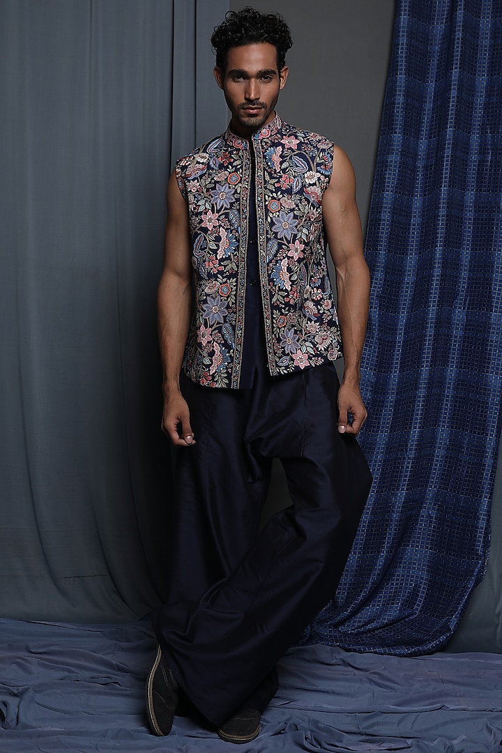 Navy Blue Tussar Embroidered Indo-Western Jacket by Krishna Mehta Men
