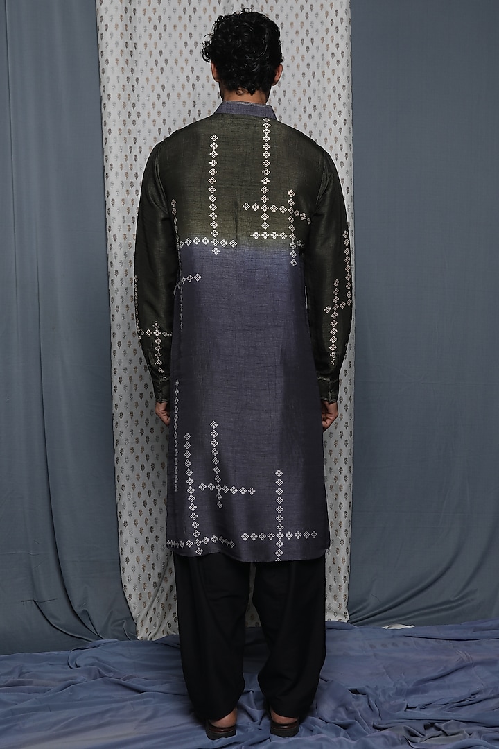 Olive Grey Tussar Printed Kurta by Krishna Mehta Men at Pernia's Pop Up Shop