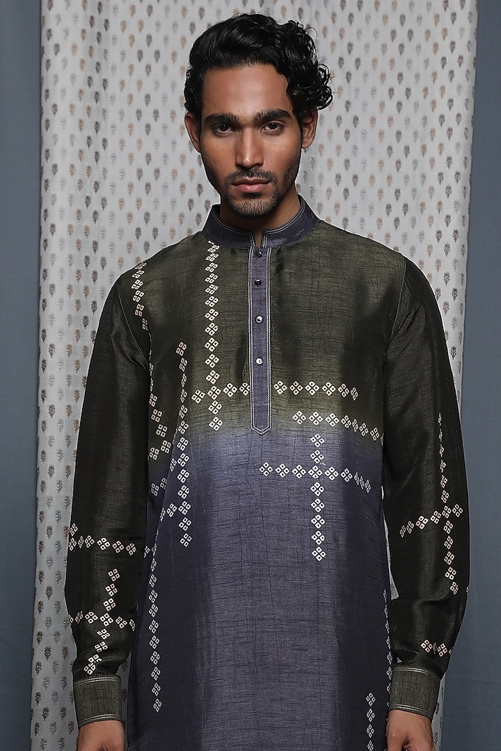 Olive Grey Tussar Printed Kurta by Krishna Mehta Men at Pernia's Pop Up Shop