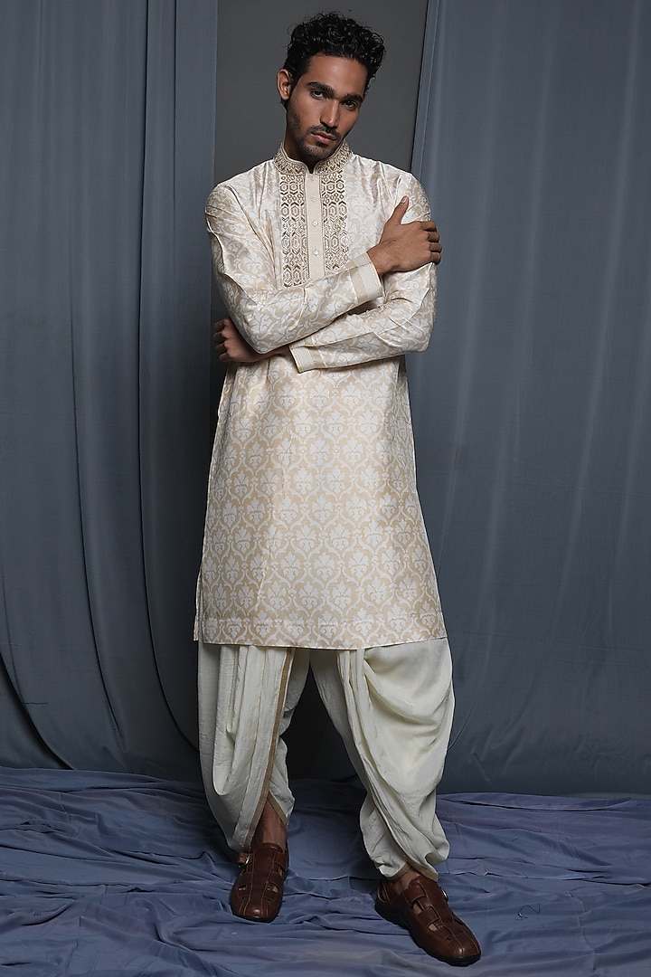 Beige Tussar Printed & Embroidered Kurta by Krishna Mehta Men at Pernia's Pop Up Shop