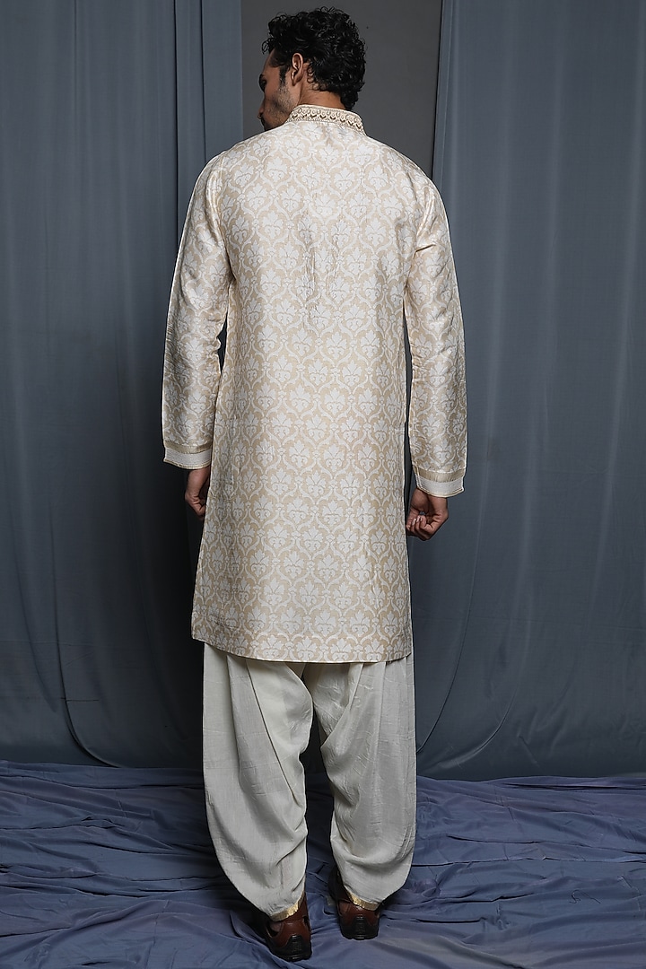 Beige Tussar Printed & Embroidered Kurta by Krishna Mehta Men at Pernia's Pop Up Shop