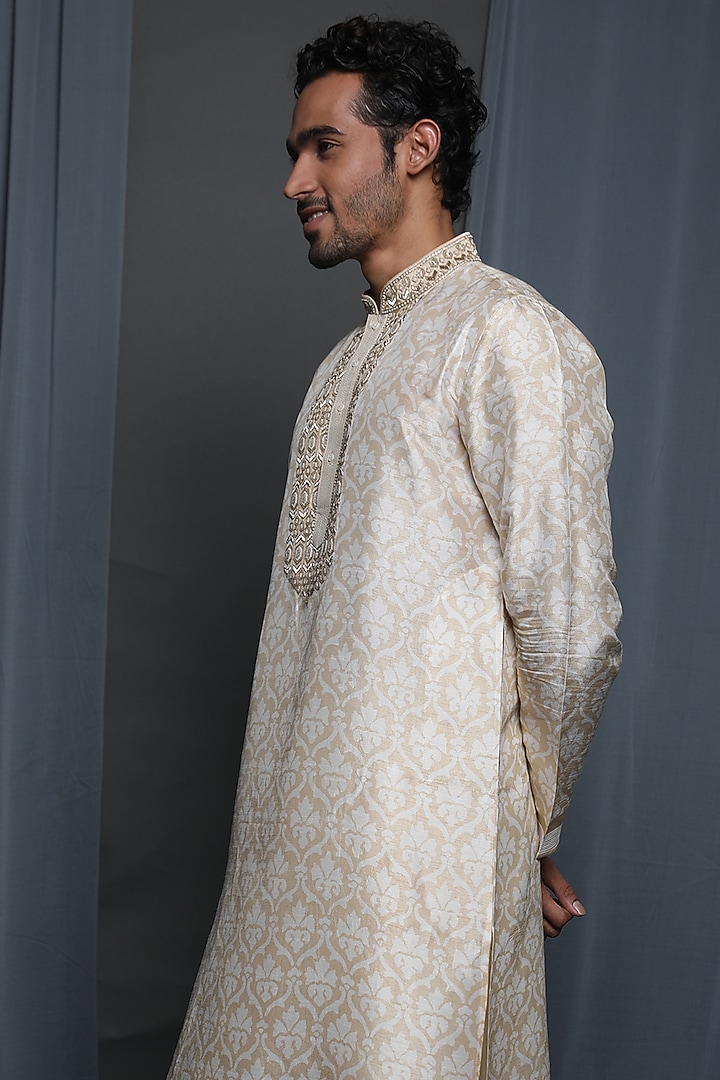 Beige Tussar Printed & Embroidered Kurta by Krishna Mehta Men at Pernia's Pop Up Shop