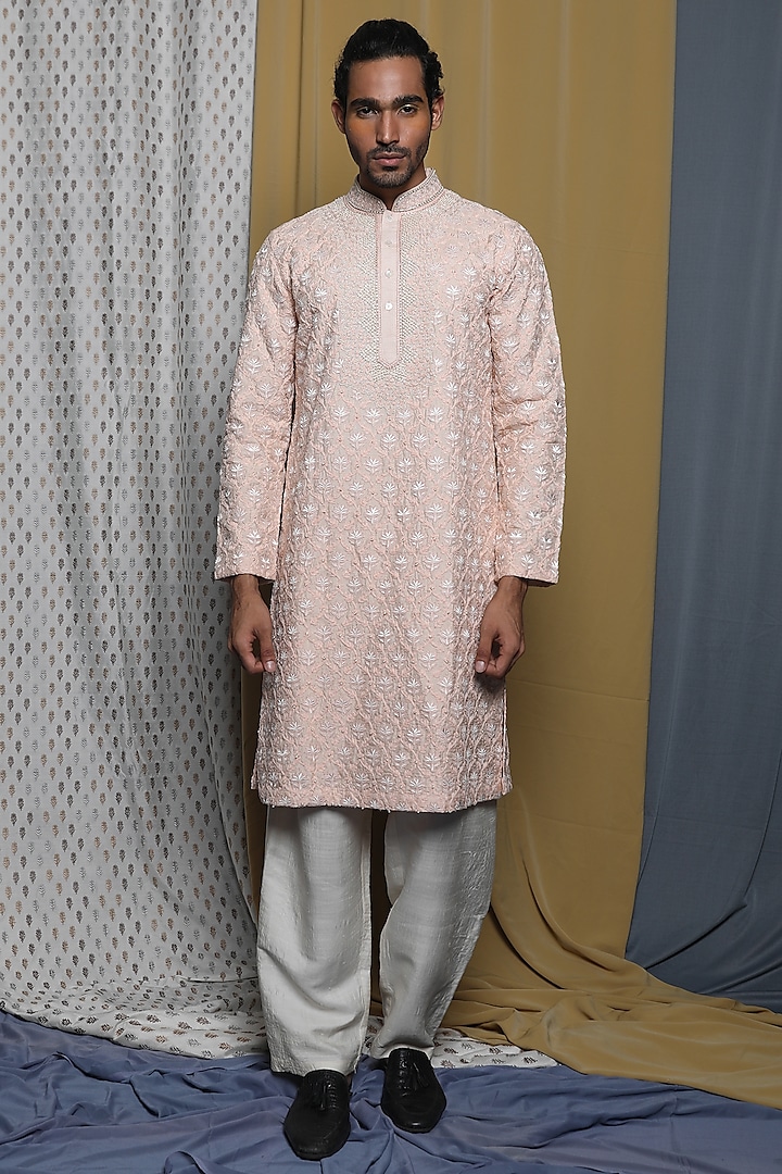 Peach Tussar Zardosi Hand Embroidered Kurta Set by Krishna Mehta Men