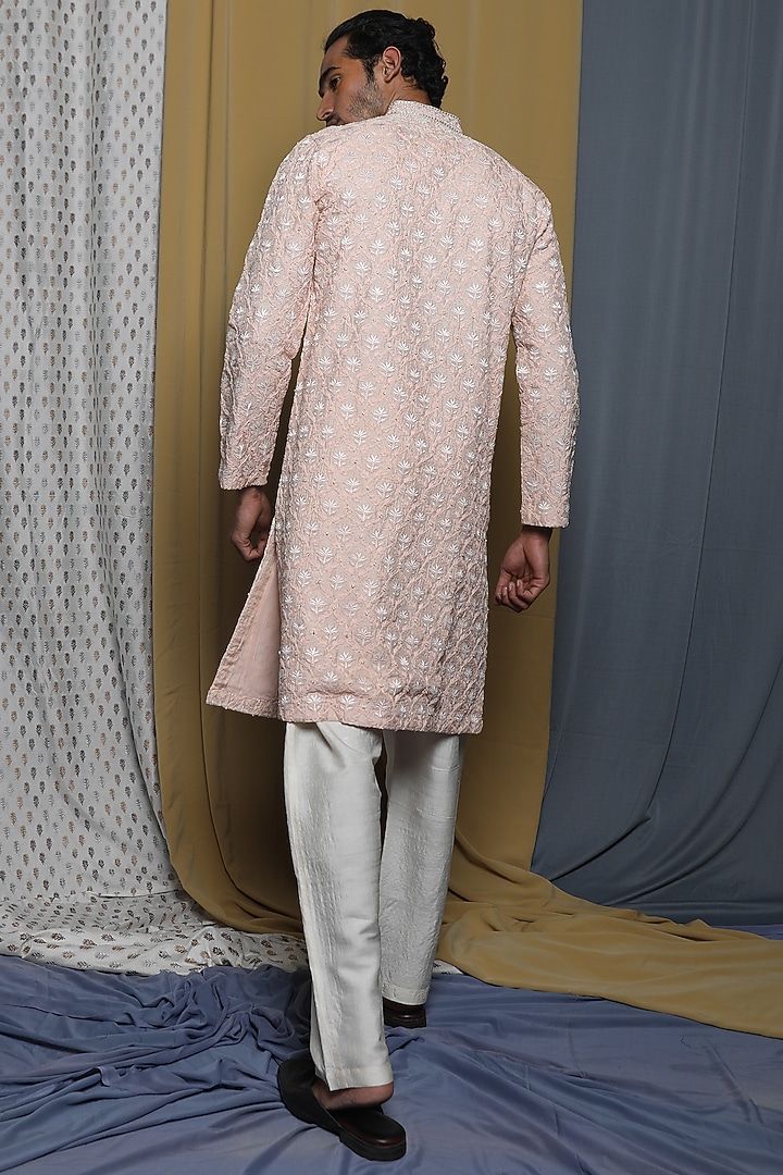 Peach Tussar Zardosi Hand Embroidered Kurta Set by Krishna Mehta Men at Pernia's Pop Up Shop