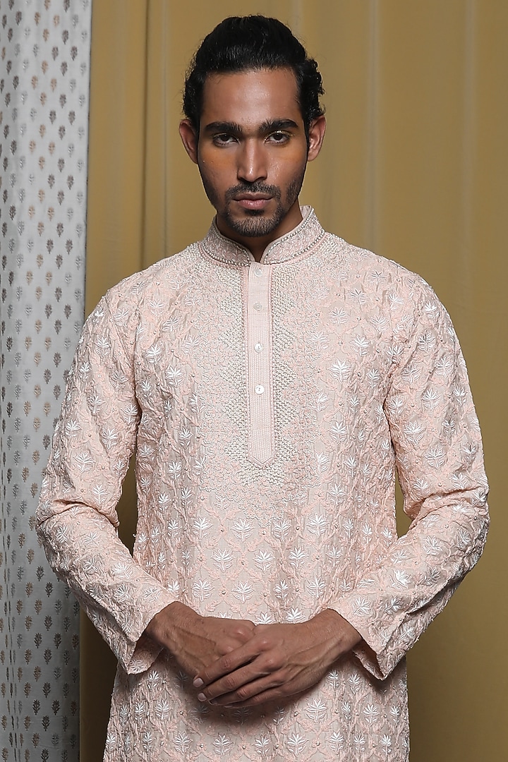 Peach Tussar Zardosi Hand Embroidered Kurta Set by Krishna Mehta Men at Pernia's Pop Up Shop