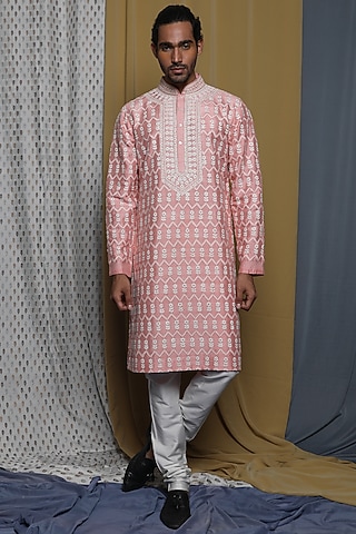 Pink Tussar Zardosi Hand Embroidered Kurta Set by Krishna Mehta Men