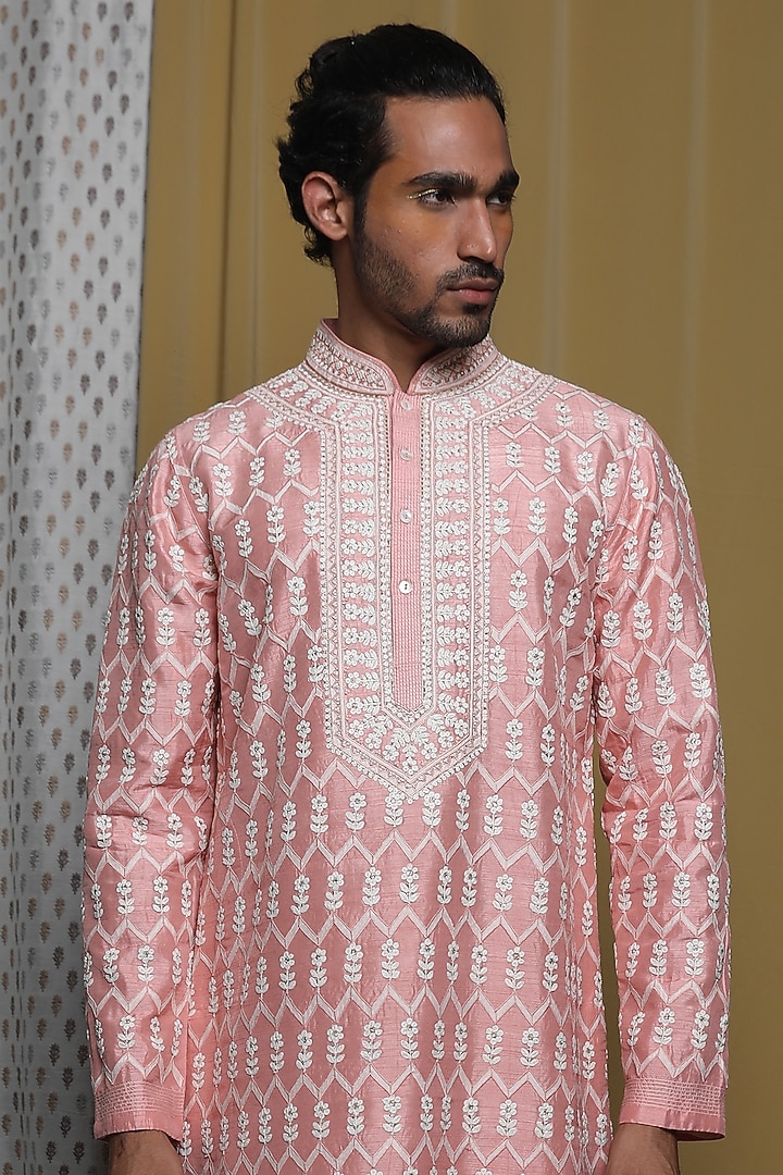 Pink Tussar Zardosi Hand Embroidered Kurta Set by Krishna Mehta Men at Pernia's Pop Up Shop