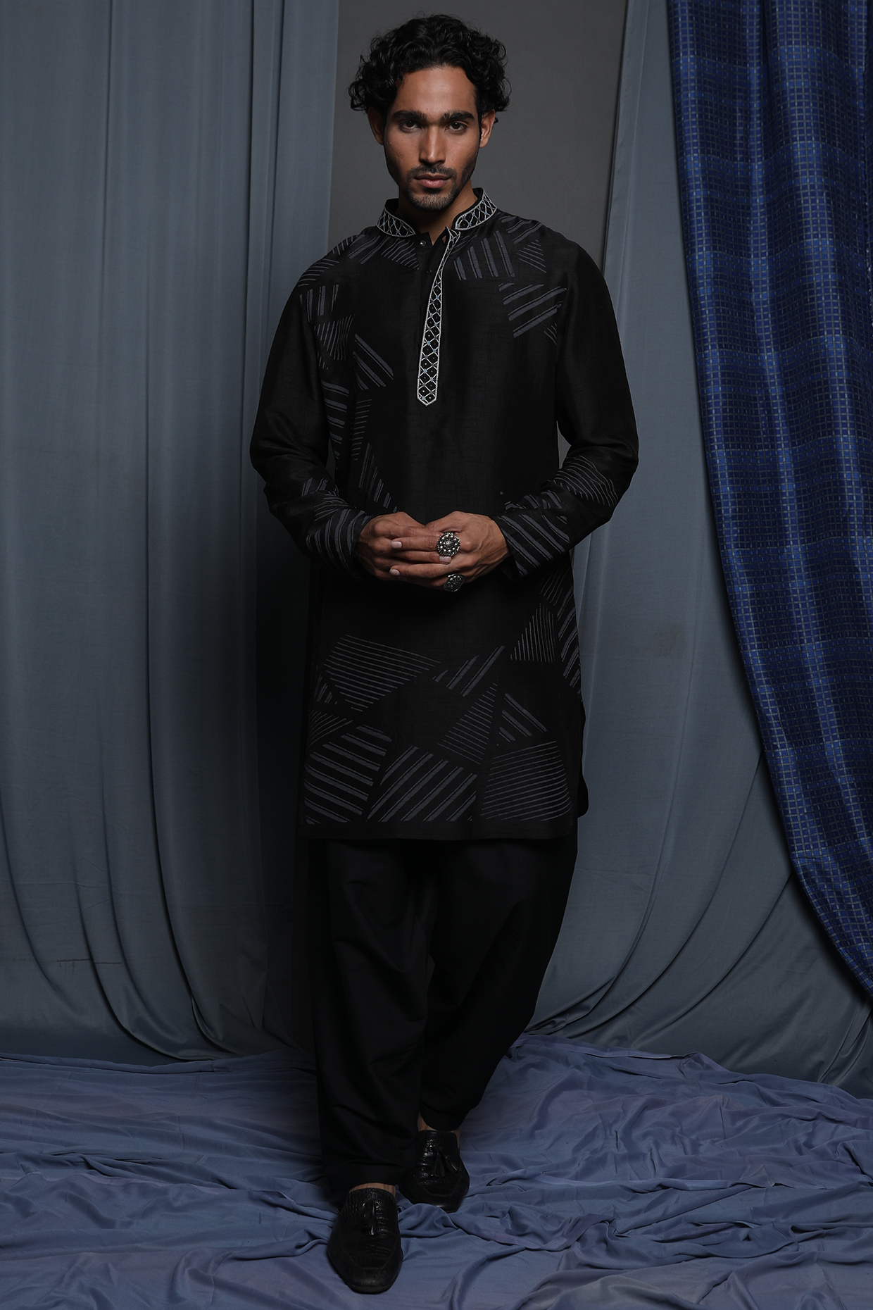 Black Tussar Zardosi Hand Embroidered & Printed Kurta by Krishna Mehta Men