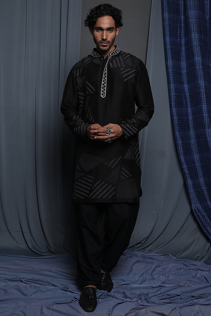 Black Tussar Zardosi Hand Embroidered & Printed Kurta by Krishna Mehta Men