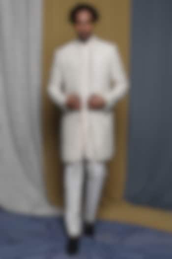 White Tussar Hand Embroidered Indo-Western Set by Krishna Mehta Men at Pernia's Pop Up Shop
