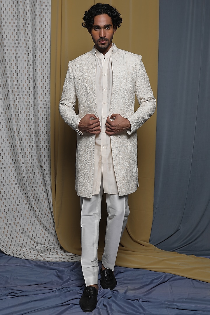 White Tussar Hand Embroidered Indo-Western Set by Krishna Mehta Men at Pernia's Pop Up Shop