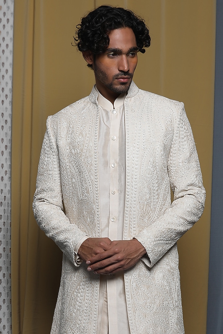 White Tussar Hand Embroidered Indo-Western Set by Krishna Mehta Men at Pernia's Pop Up Shop