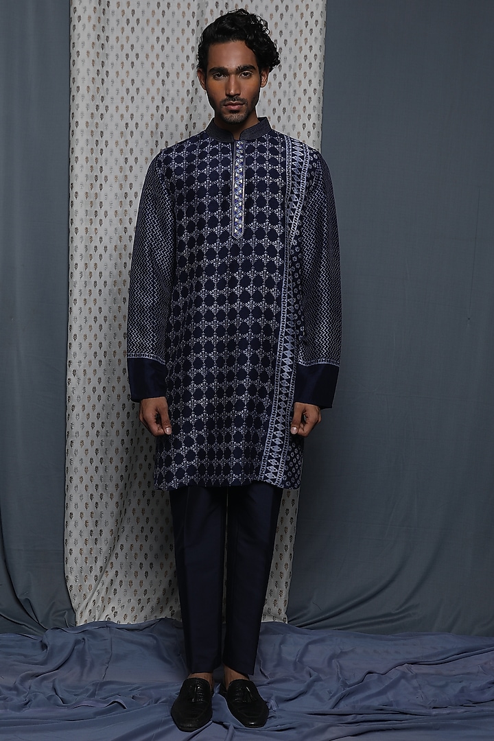 Blue Tussar Printed & Hand Embroidered Kurta by Krishna Mehta Men at Pernia's Pop Up Shop