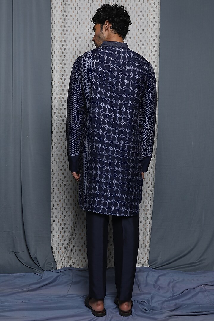 Blue Tussar Printed & Hand Embroidered Kurta by Krishna Mehta Men at Pernia's Pop Up Shop