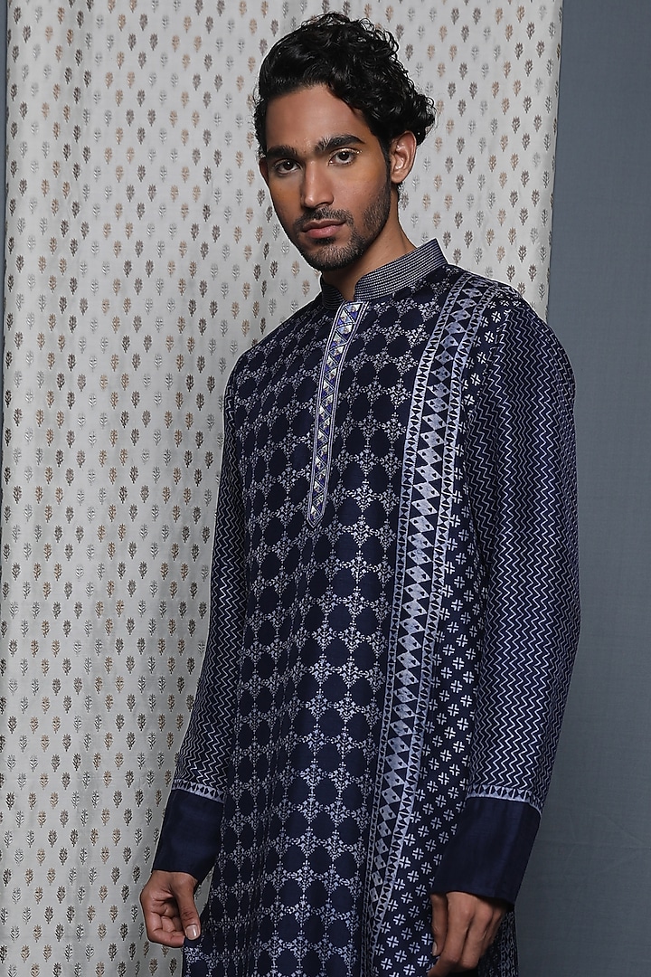 Blue Tussar Printed & Hand Embroidered Kurta by Krishna Mehta Men at Pernia's Pop Up Shop