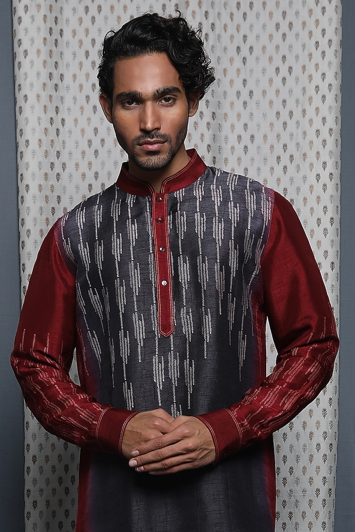 Maroon & Grey Tussar Printed Kurta by Krishna Mehta Men at Pernia's Pop Up Shop