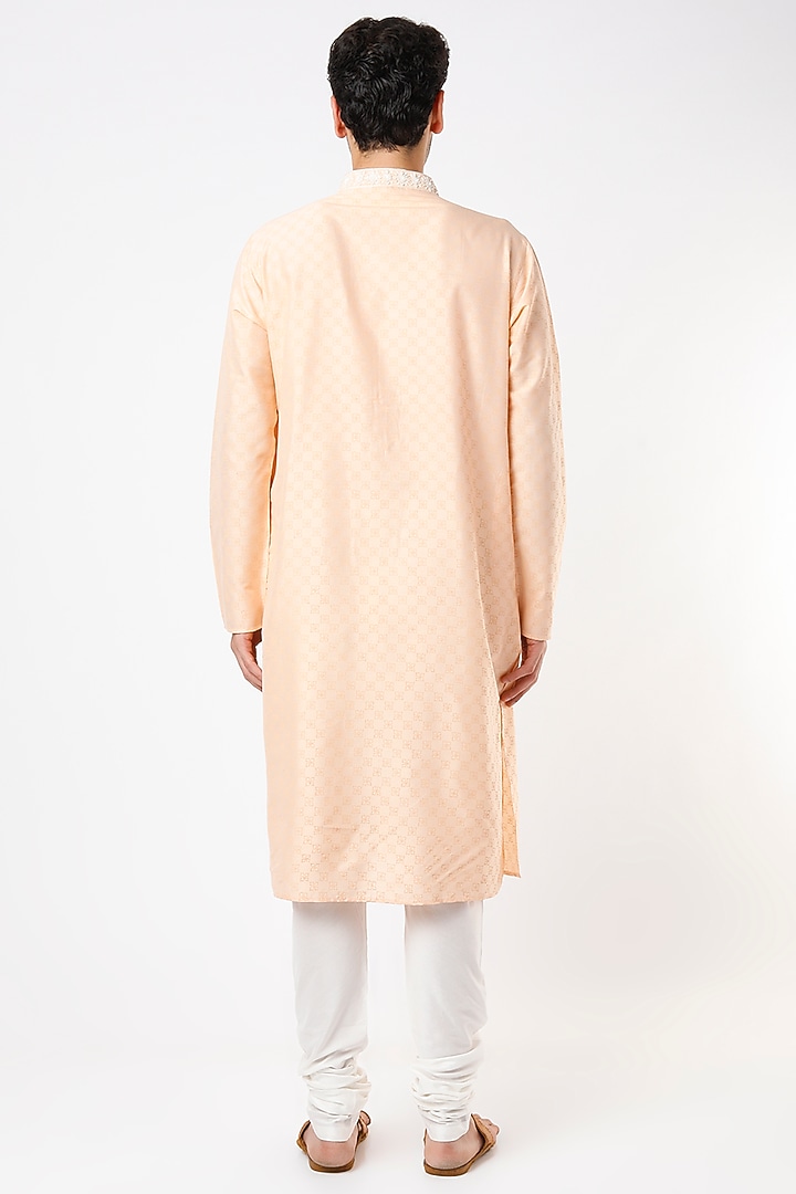 Peach Viscose Cotton Printed & Embroidered Kurta Set by Krishna Mehta Men at Pernia's Pop Up Shop