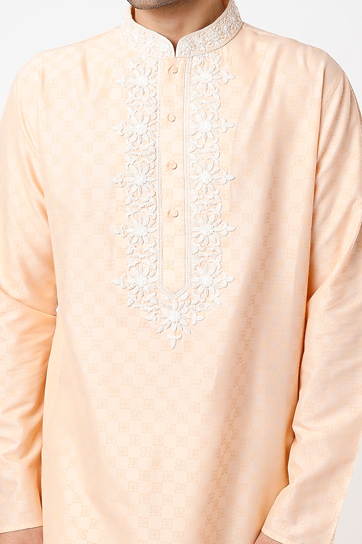 Peach Viscose Cotton Printed & Embroidered Kurta Set by Krishna Mehta Men at Pernia's Pop Up Shop