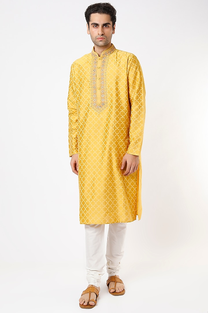 Mustard Block Printed Kurta Set by Krishna Mehta Men