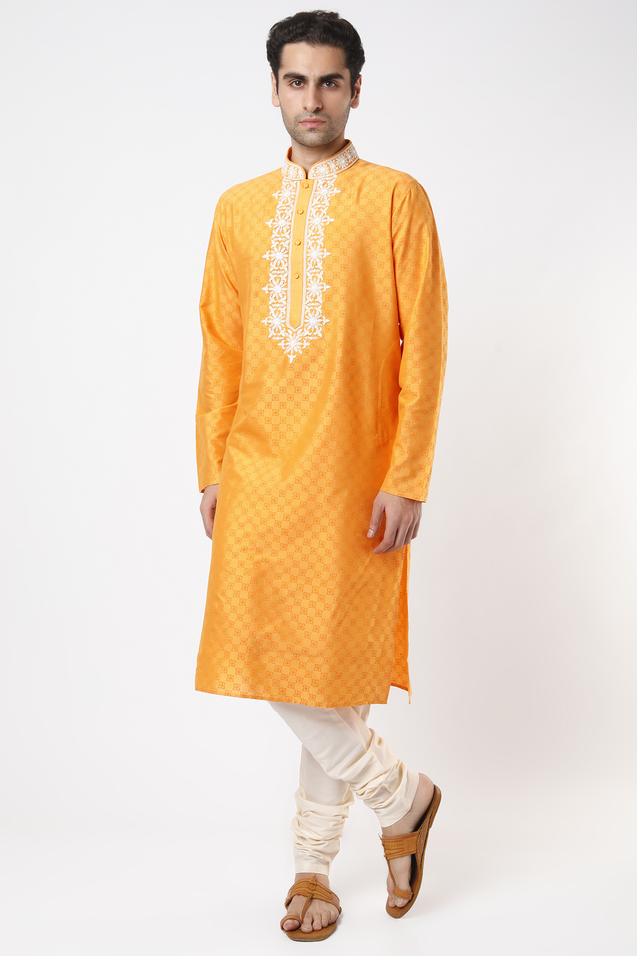 Mustard Embroidered & Printed Kurta Set by Krishna Mehta Men at Pernia's Pop Up Shop
